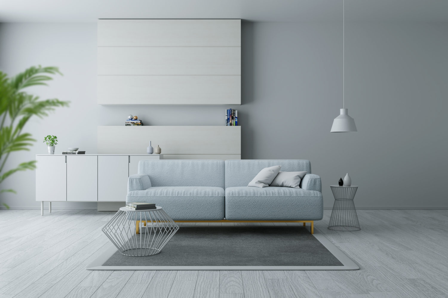 Modernes und minimalistisches Interieur des Wohnzimmers, blaue Sessel auf weißem Fußboden und weißer Wand